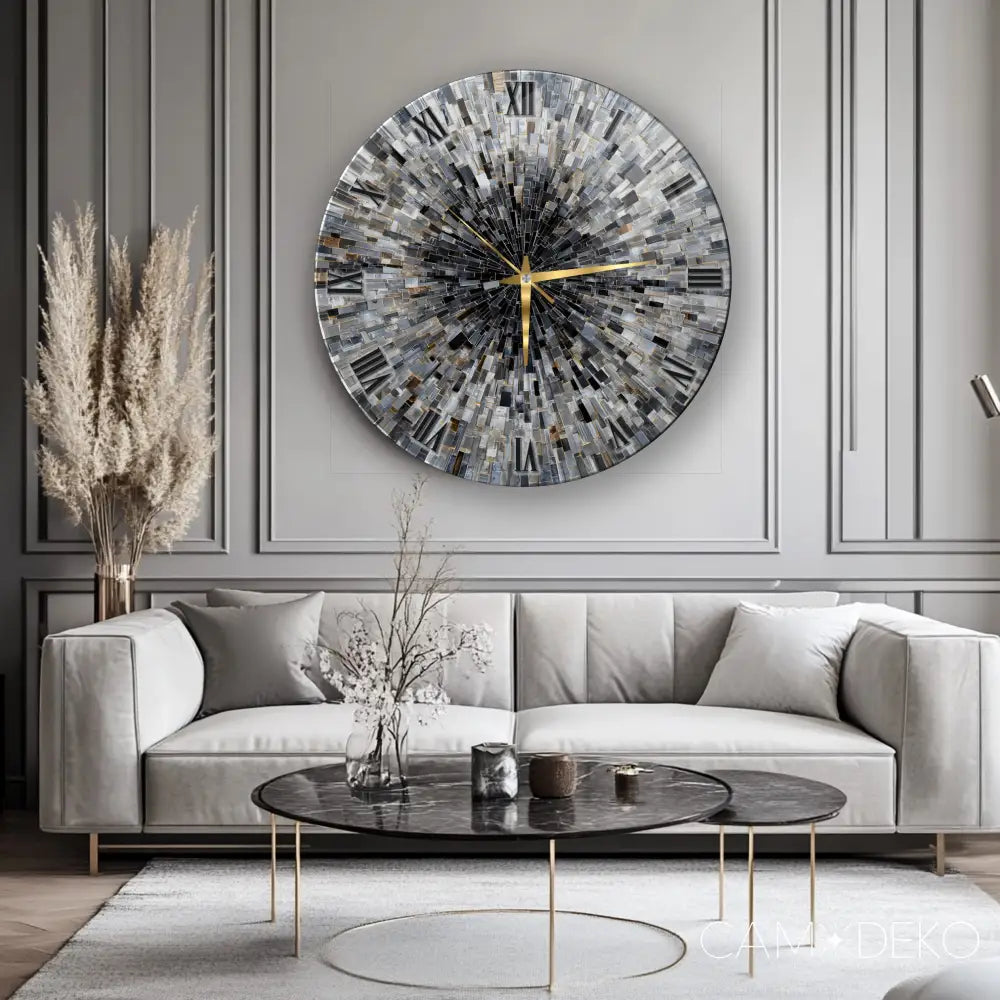 Soyut Gri Mozaik Desen Cam Saat Kırılmaz Cam Saat
