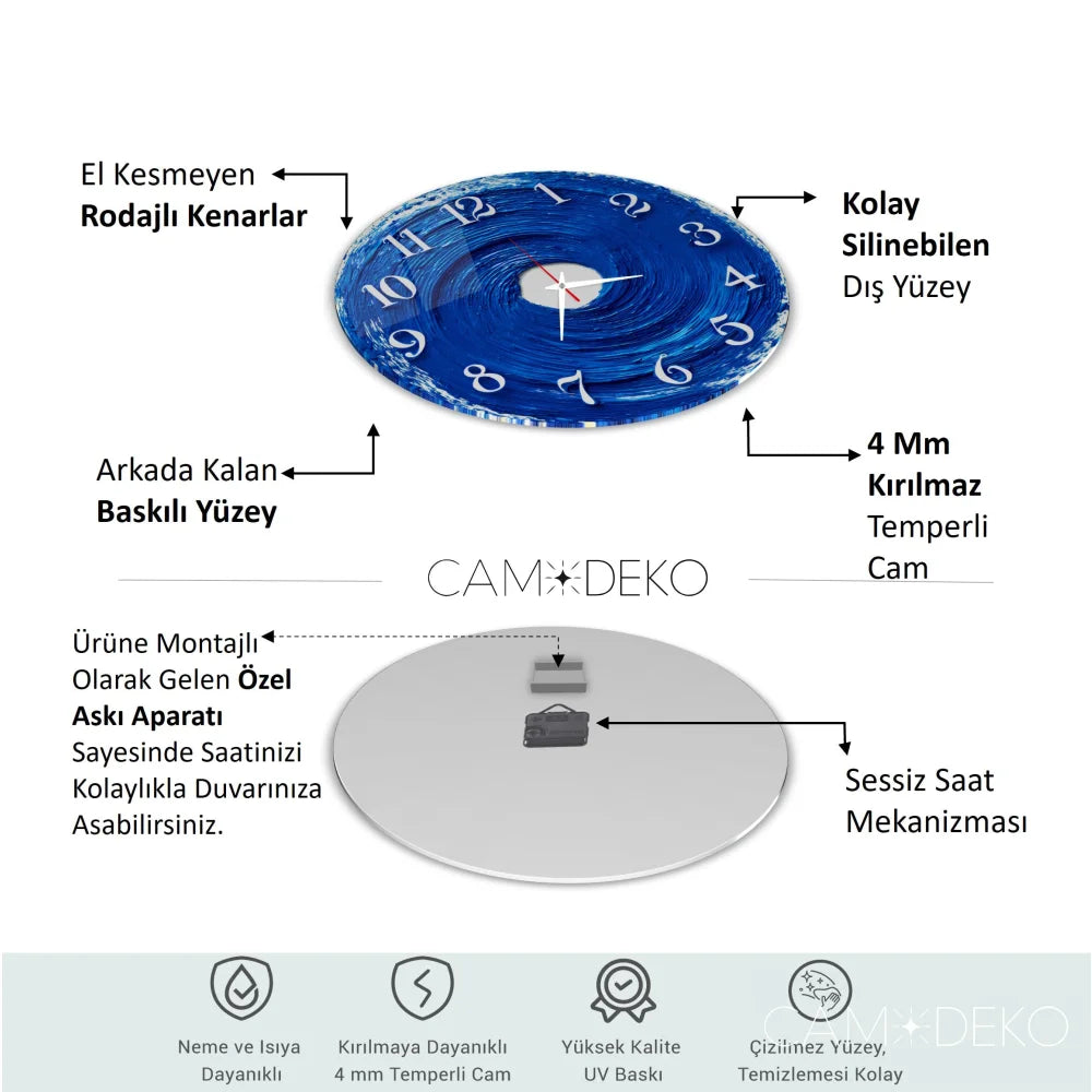 Soyut Mavi Cam Saat Kırılmaz Cam Saat