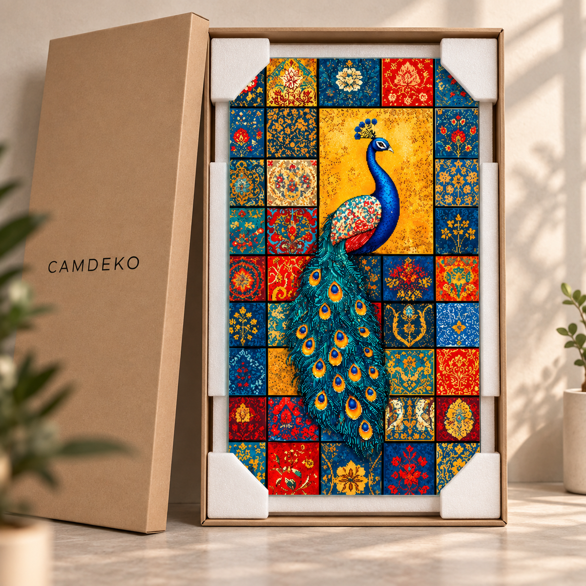 CAMDEKO mozaik tavus kuşu dikey cam tablo koruyucu köşeli kraft kutu paketleme