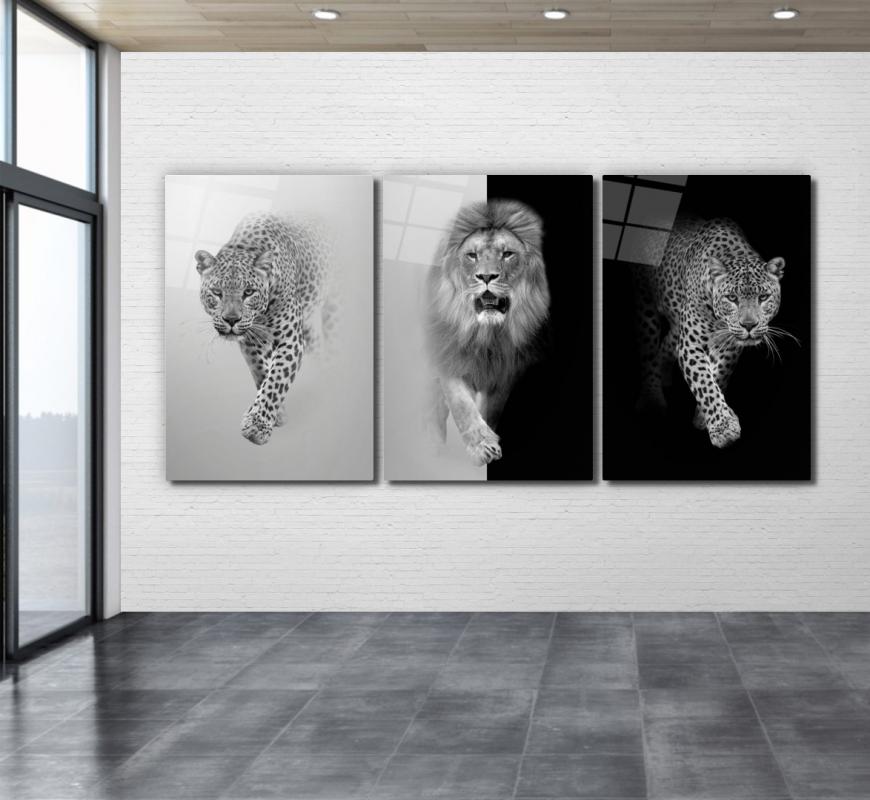 Leopar ve Aslan Triple Üçlü Cam Tablo