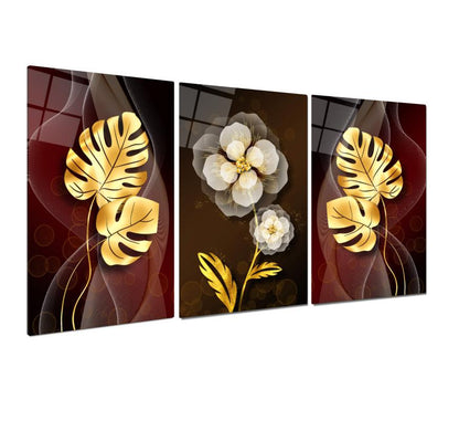 Gold Çiçekler Triple Üçlü Cam Tablo