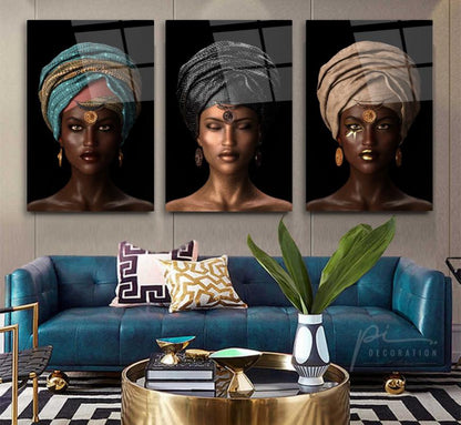 Afrikalı Kadın Triple Üçlü Cam Tablo