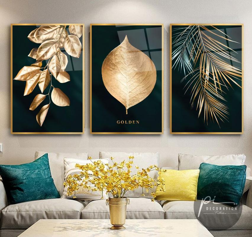 Gold Yapraklar Triple Üçlü Cam Tablo