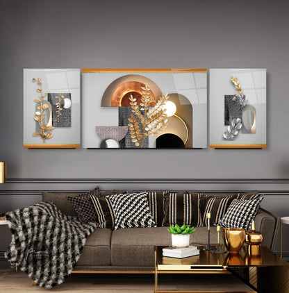 Yapraklar ve Soyut Desenler Triple Üçlü Cam Tablo