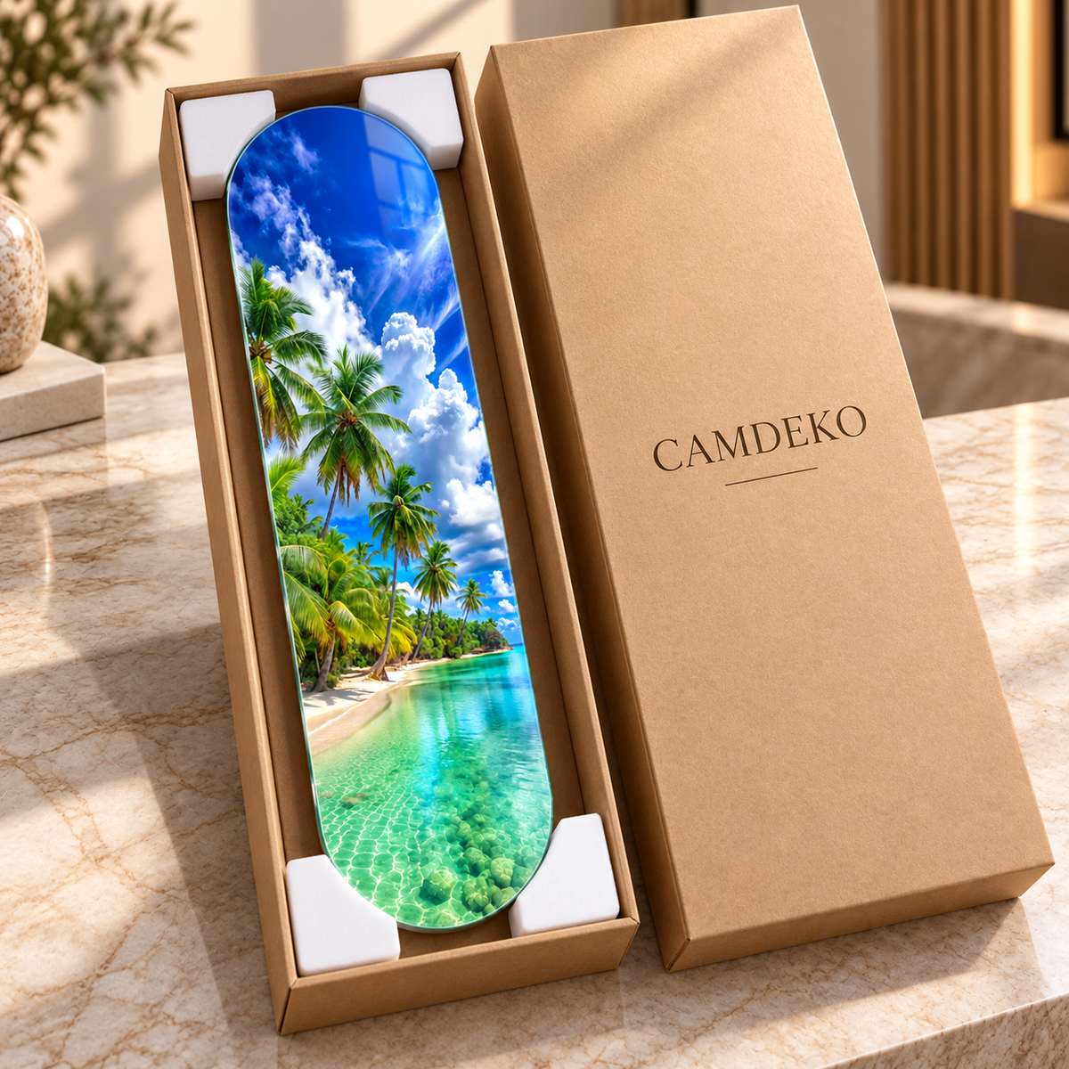 CAMDEKO güvenli paketleme - tropikal sahil Skate Board cam tablo