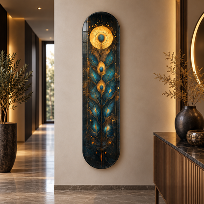 Turkuaz ve altın tavuskuşu tüyü Skate Board cam tablo - farklı premium mekan