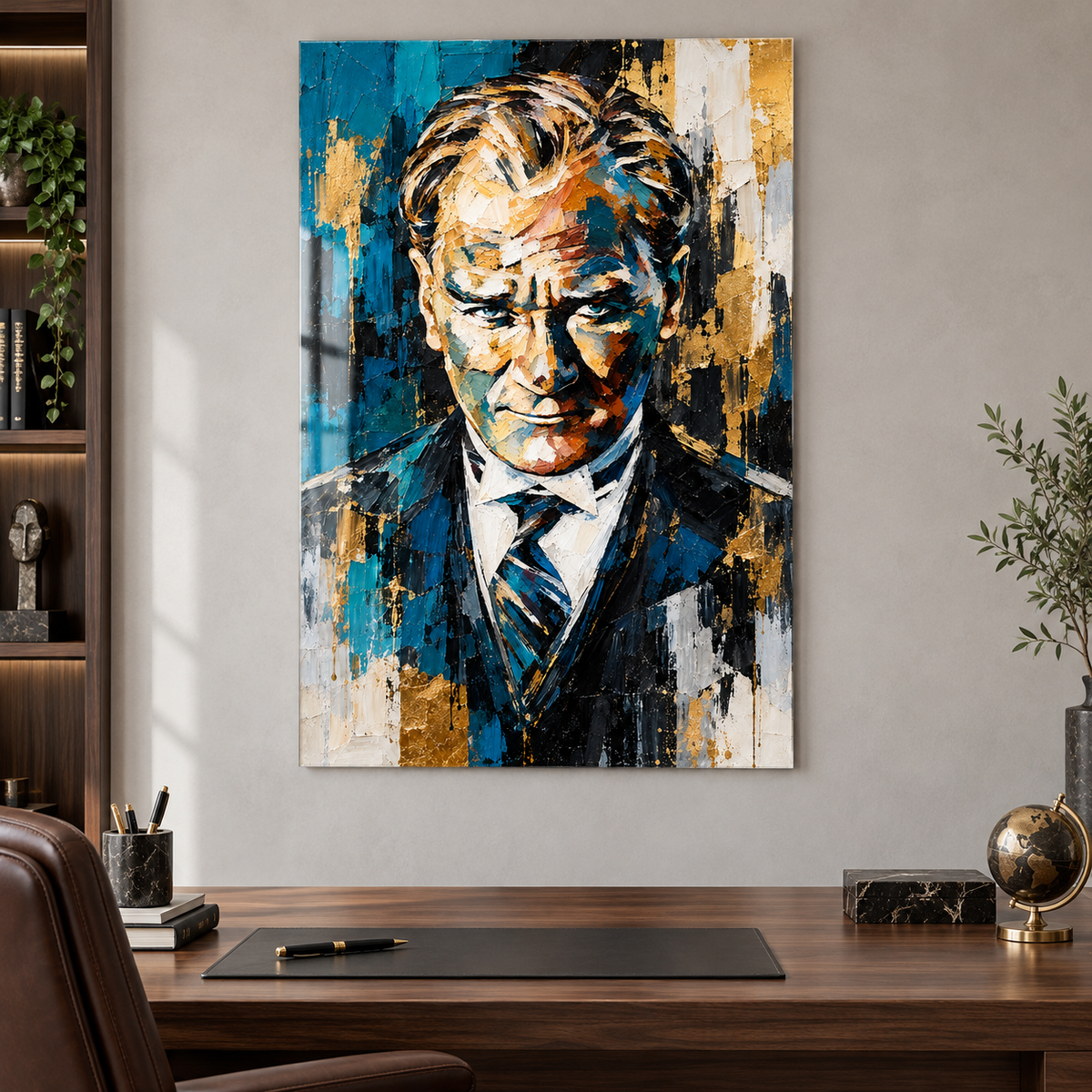 Turkuaz Gold Ekspresyonist Atatürk Portresi Dikey Cam Tablo - Çalışma odası
