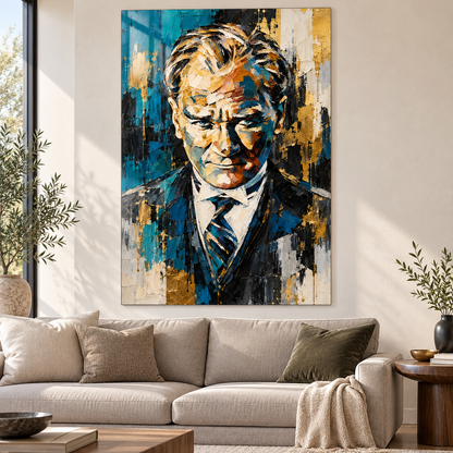 Turkuaz Gold Ekspresyonist Atatürk Portresi Dikey Cam Tablo - Premium salon