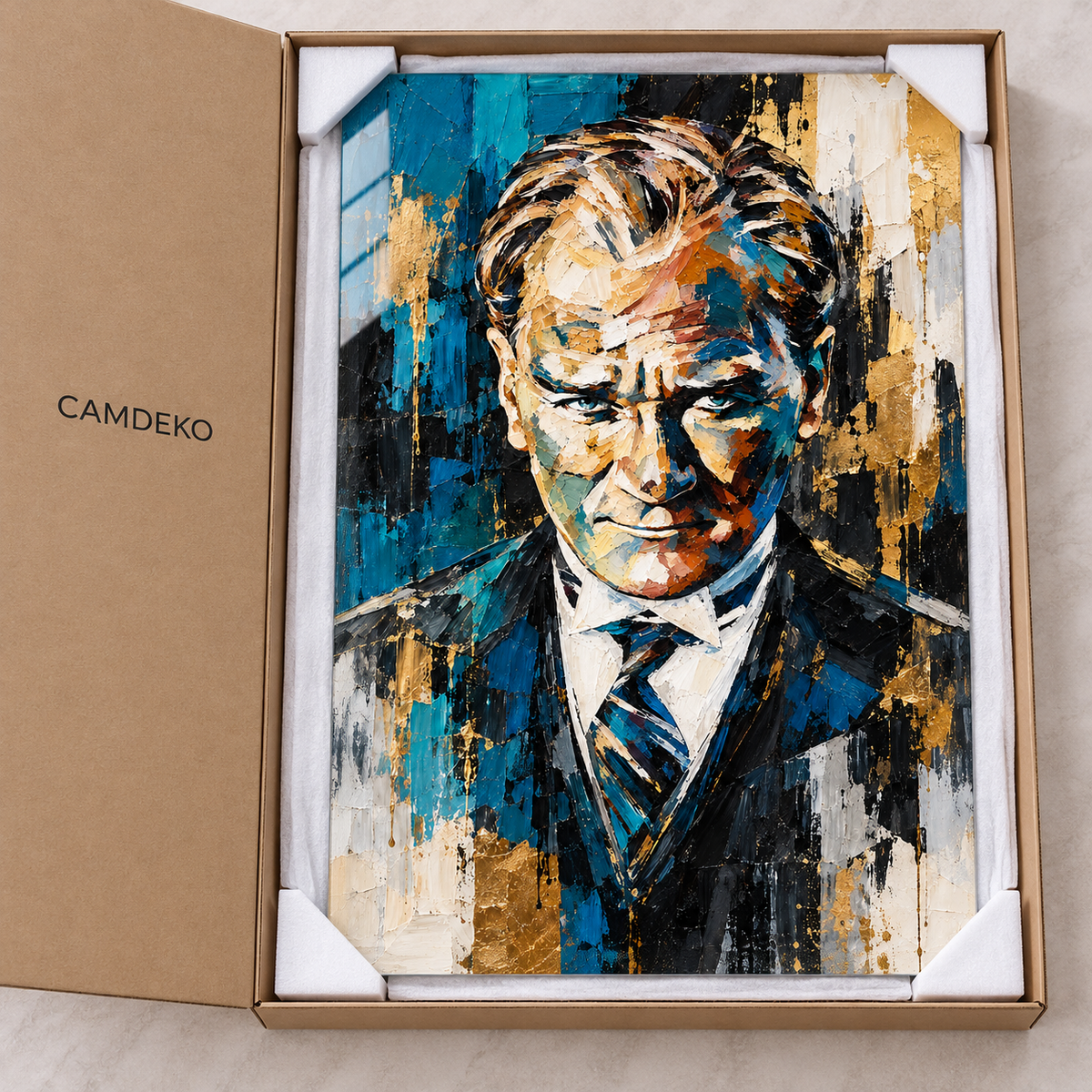 Turkuaz Gold Ekspresyonist Atatürk Portresi Dikey Cam Tablo - Koruyucu paketleme