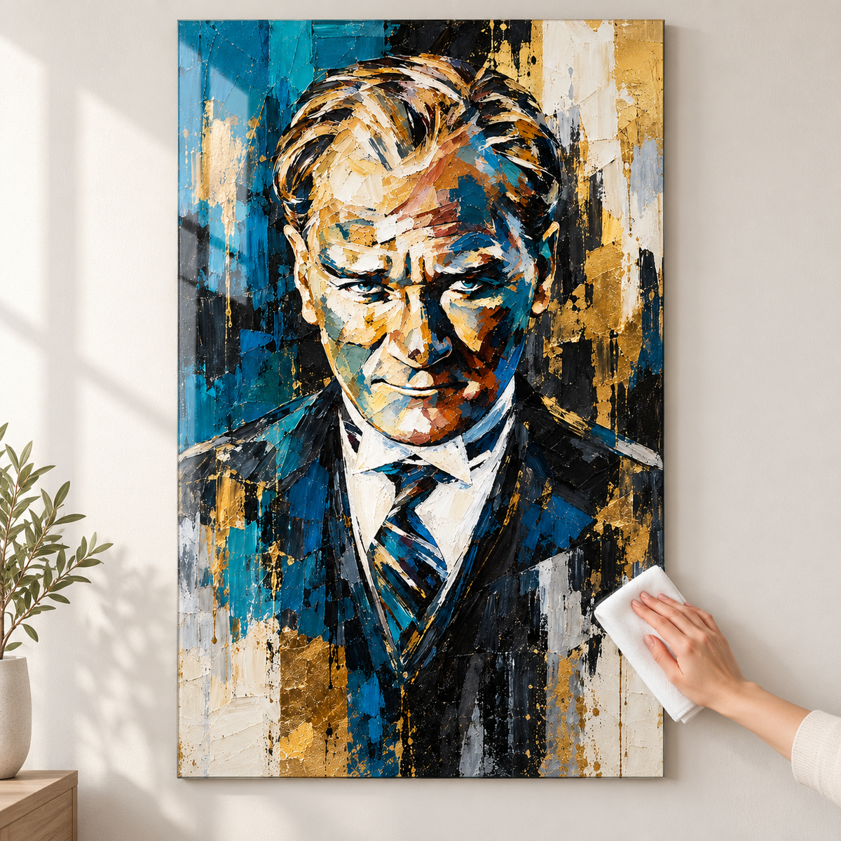 Turkuaz Gold Ekspresyonist Atatürk Portresi Dikey Cam Tablo - Mikrofiber bezle temizlik