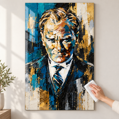 Turkuaz Gold Ekspresyonist Atatürk Portresi Dikey Cam Tablo - Mikrofiber bezle temizlik