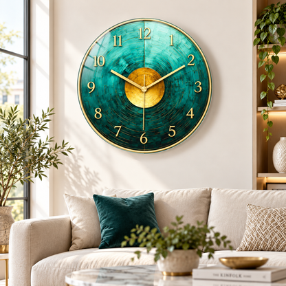 Turkuaz gold mozaik cam duvar saati - modern yaşam alanı