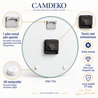 CAMDEKO saat arka yüzü - aynı metal askı aparatı, sessiz mekanizma ve alt tamponlar