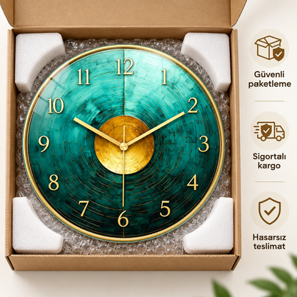 CAMDEKO turkuaz gold cam saat - güvenli paketleme ve sigortalı kargo