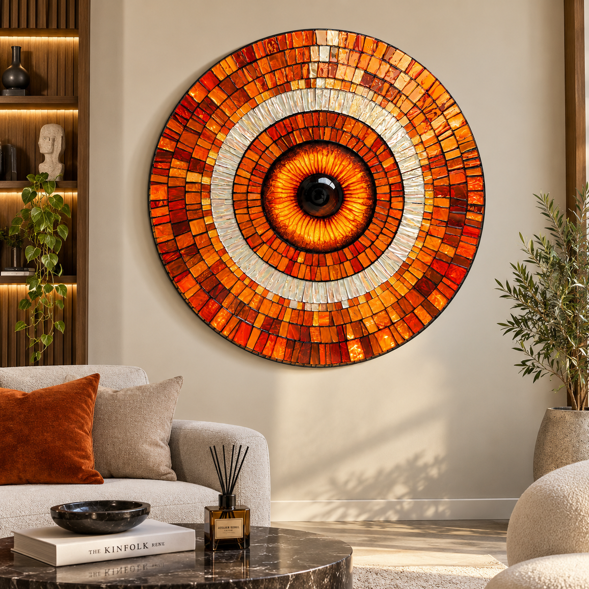 Turuncu mozaik göz desenli yuvarlak cam tablo premium salon duvarında