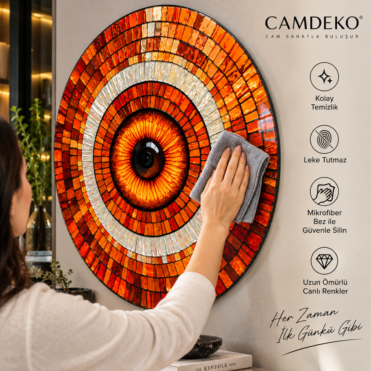 Turuncu yuvarlak cam tablo mikrofiber bezle kolay temizlik detayı