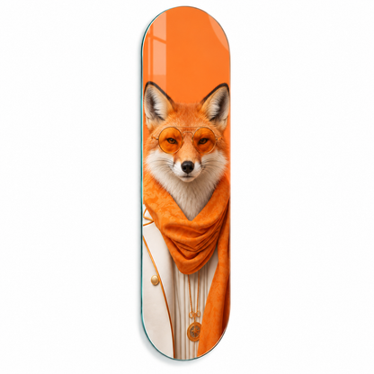 Turuncu şallı gözlüklü tilki Skate Board cam tablo - beyaz zemin