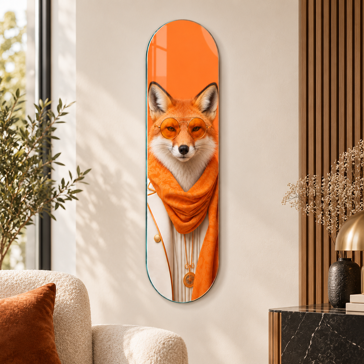 Turuncu şallı gözlüklü tilki Skate Board cam tablo - premium mekan