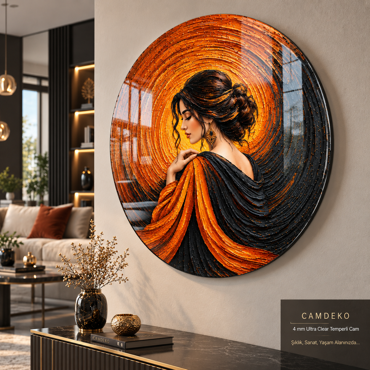 Turuncu siyah kadın portresi yuvarlak cam tablo premium salonda