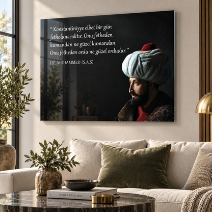 Fatih Sultan Mehmet Konstantiniyye sözü yatay cam tablo salon duvar uygulaması