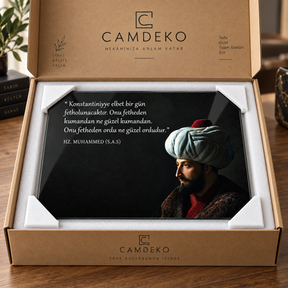 Fatih Sultan Mehmet Konstantiniyye sözü yatay cam tablo CAMDEKO koruyucu paketleme görseli