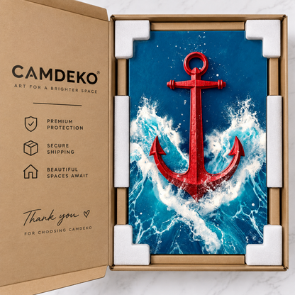 Kırmızı Çapa ve Deniz Dalgaları Dikey Cam Tablo, CAMDEKO kutusunda beyaz koruyucularla paketleme
