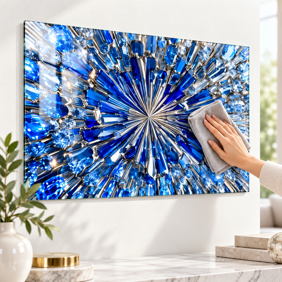 Safir mavi kristal desenli yatay cam tablonun mikrofiber bezle kolay temizlenmesi