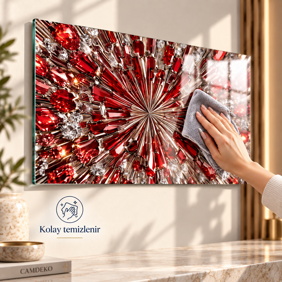 Kırmızı kristal patlaması yatay cam tablo mikrofiber bezle kolay temizlik detayı