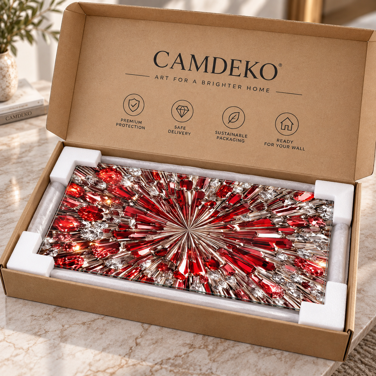 Kırmızı kristal patlaması yatay cam tablo CAMDEKO koruyucu paketleme görseli