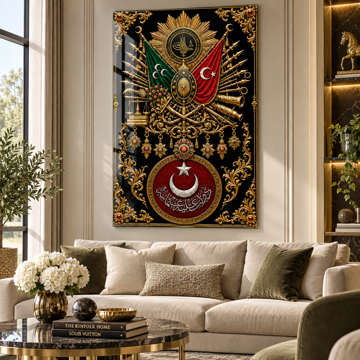 Osmanlı arması dikey cam tablo lüks salon duvar uygulaması