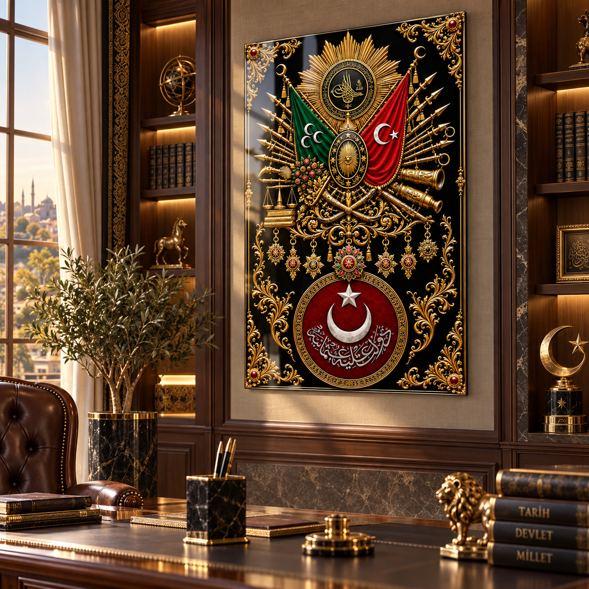 Osmanlı arması dikey cam tablo klasik çalışma odası uygulaması