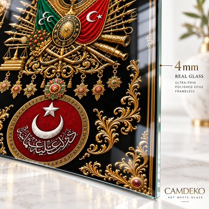 Osmanlı arması dikey cam tablo 4 mm ince rodajlı gerçek cam kenar detayı