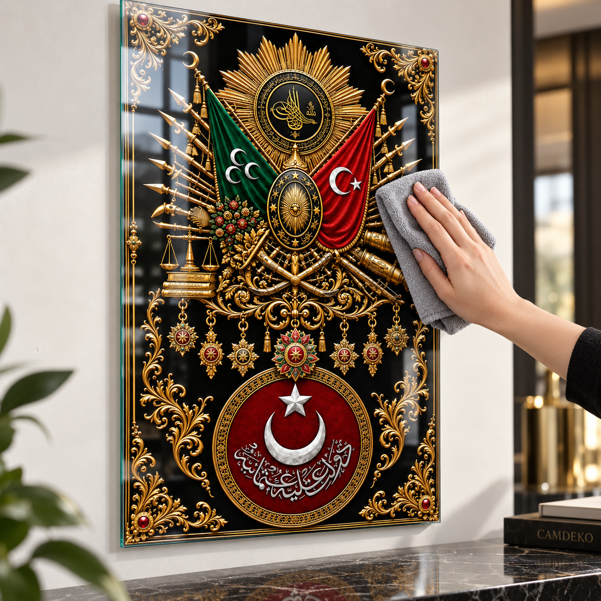 Osmanlı arması dikey cam tablo mikrofiber bezle kolay temizlik detayı
