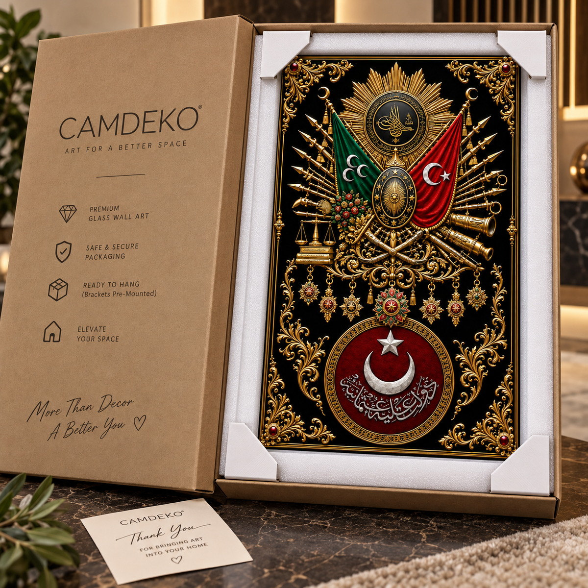 Osmanlı arması dikey cam tablo CAMDEKO koruyucu paketleme görseli