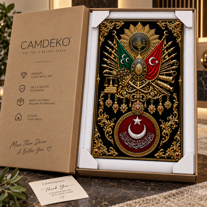 Osmanlı arması dikey cam tablo CAMDEKO koruyucu paketleme görseli
