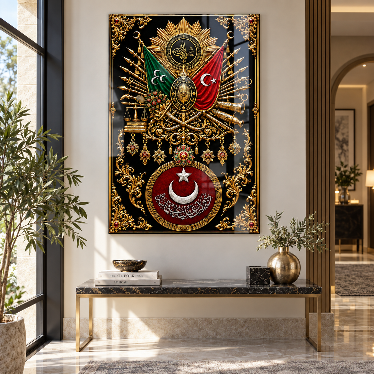 Osmanlı arması dikey cam tablo lüks koridor ve antre dekorasyonu