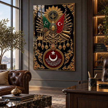 Osmanlı arması dikey cam tablo alternatif lüks ofis dekorasyonu