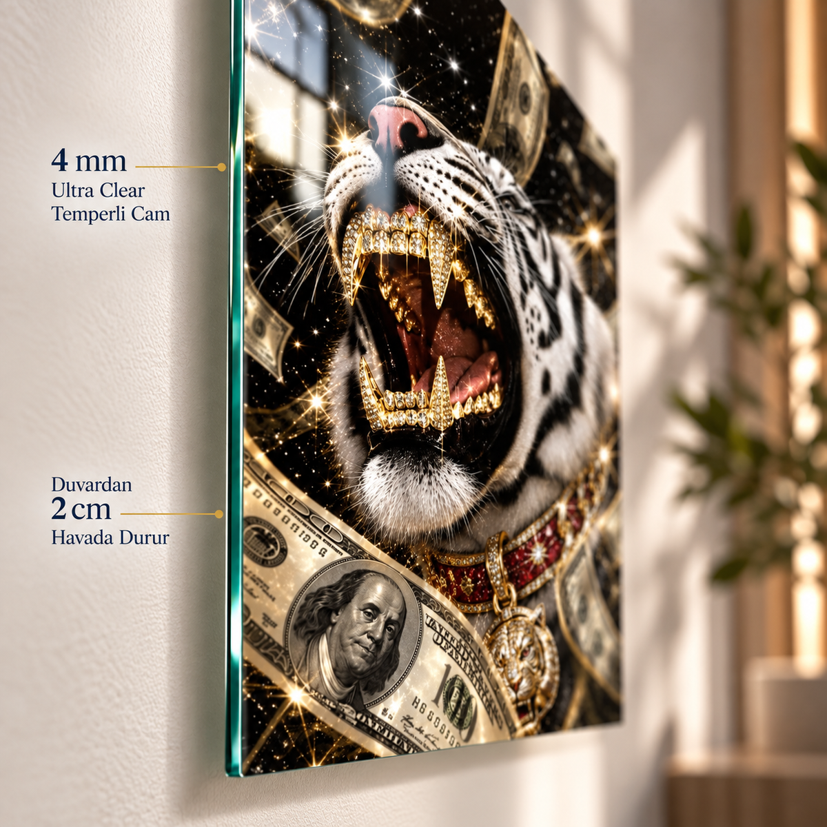 Beyaz kaplan ve dolar temalı dikey cam tablo 4 mm ince rodajlı gerçek cam kenar detayı