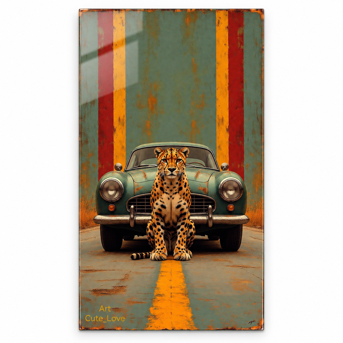 Leopar ve Klasik Araba Retro Dikey Cam Tablo, beyaz zeminde çerçevesiz cam vitrin görünümü