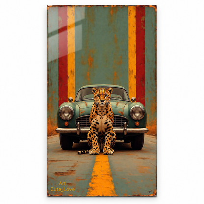 Leopar ve Klasik Araba Retro Dikey Cam Tablo, beyaz zeminde çerçevesiz cam vitrin görünümü