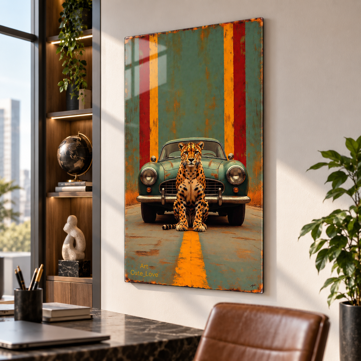 Leopar ve Klasik Araba Retro Dikey Cam Tablo, modern çalışma odası ve ofis dekorasyonu