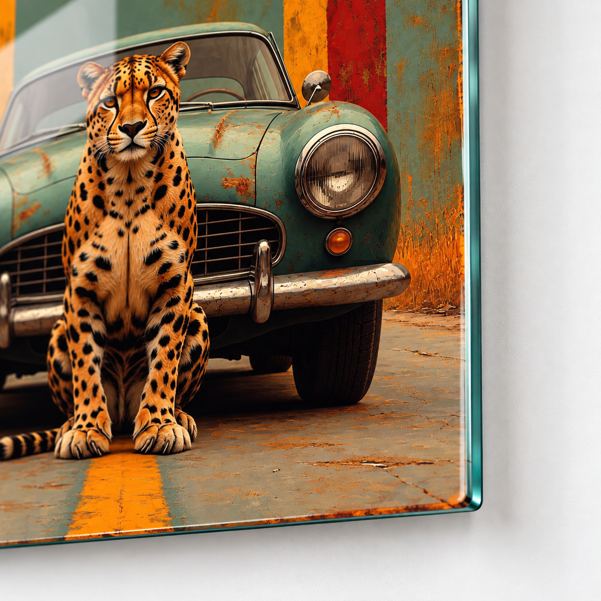 Leopar ve Klasik Araba Retro Dikey Cam Tablo, rodajlı cam kenarı ve baskı ayrıntılarının yakın planı