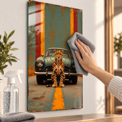 Leopar ve Klasik Araba Retro Dikey Cam Tablo, mikrofiber bezle cam yüzey temizliği