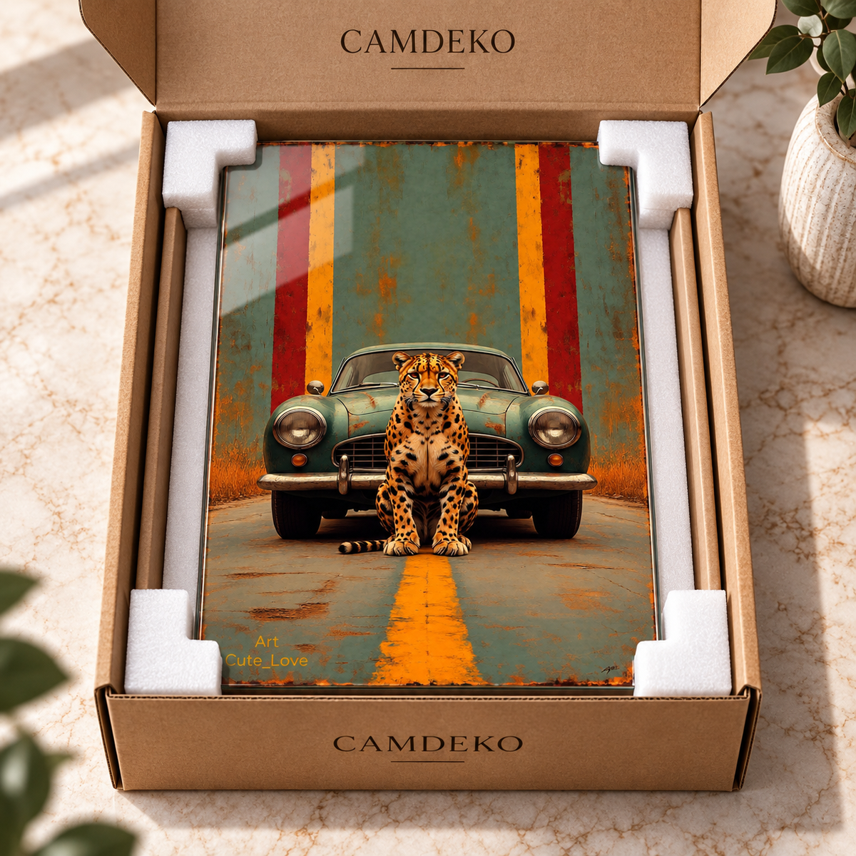 Leopar ve Klasik Araba Retro Dikey Cam Tablo, CAMDEKO kraft kutuda beyaz köşe koruyuculu paketleme
