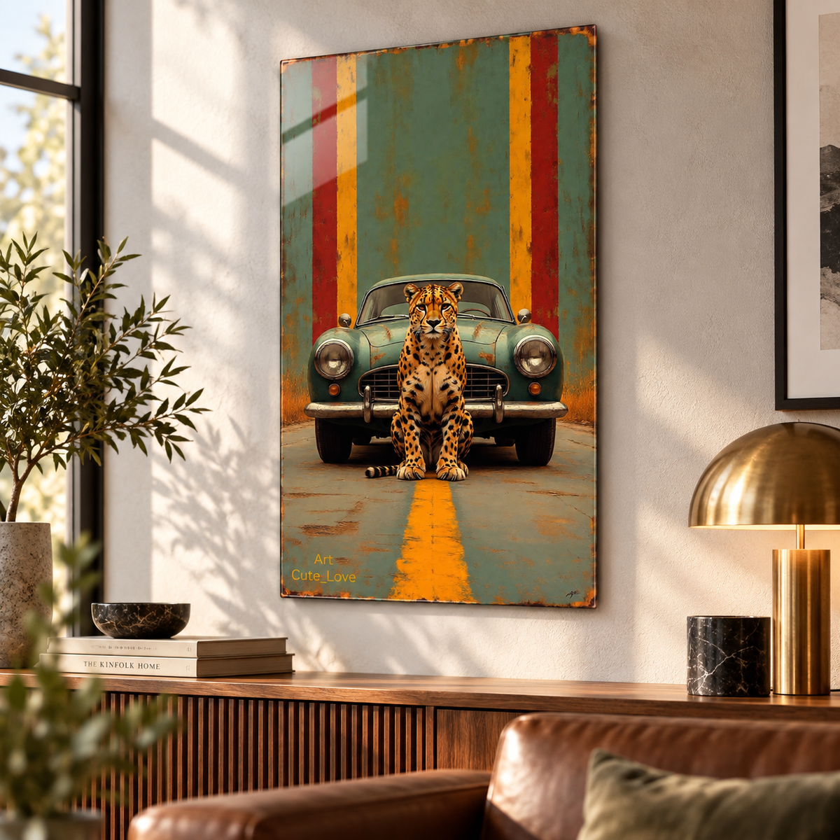 Leopar ve Klasik Araba Retro Dikey Cam Tablo, ahşap mobilyalı salonda alternatif dekorasyon görünümü