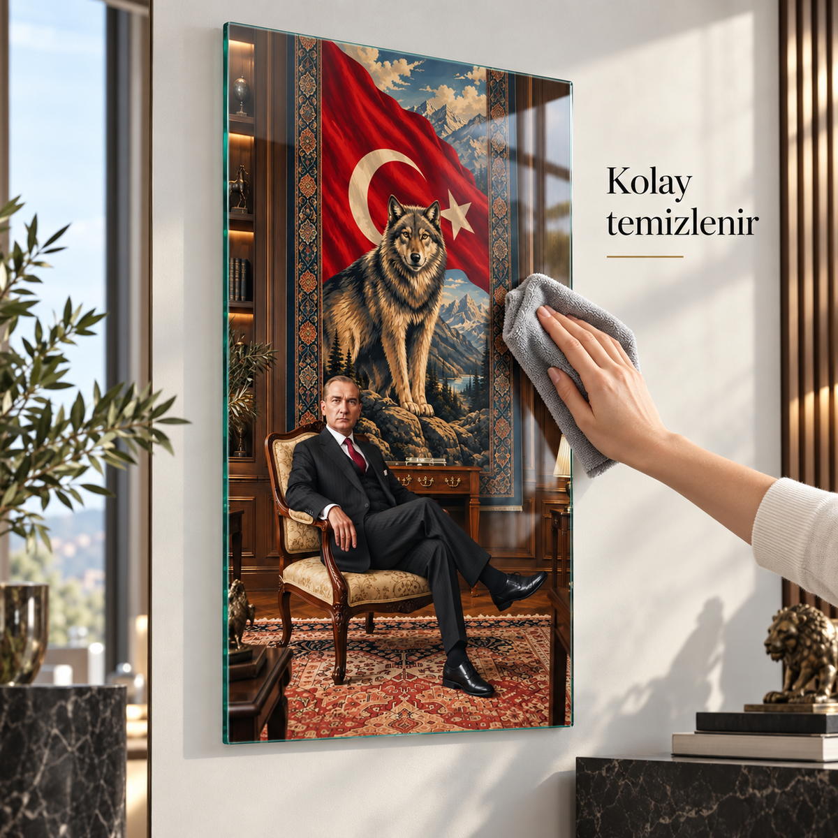 Türk bayrağı, kurt ve portre temalı dikey cam tablo mikrofiber bezle kolay temizlik detayı