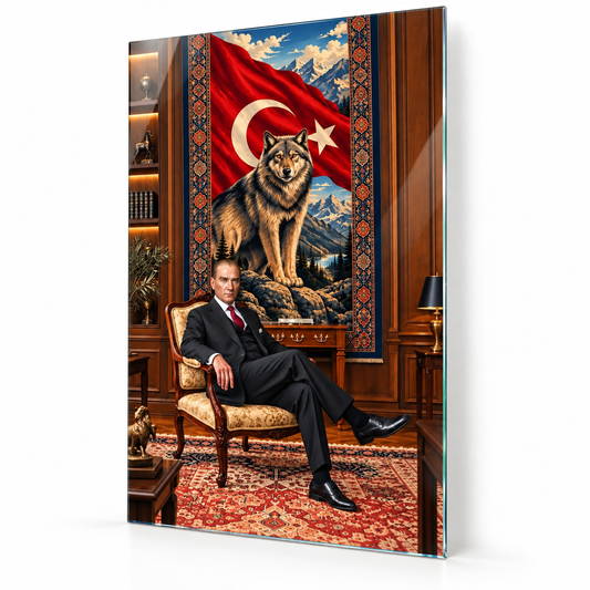 Türk Bayrağı, Kurt ve Atatürk Temalı Dikey Cam Tablo - Beyaz zemin vitrin