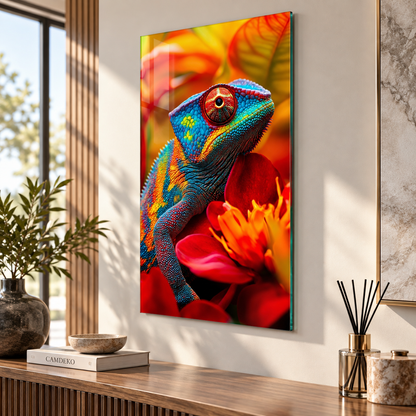 Renkli bukalemun ve çiçekler temalı dikey cam tablo modern iç mekân uygulaması