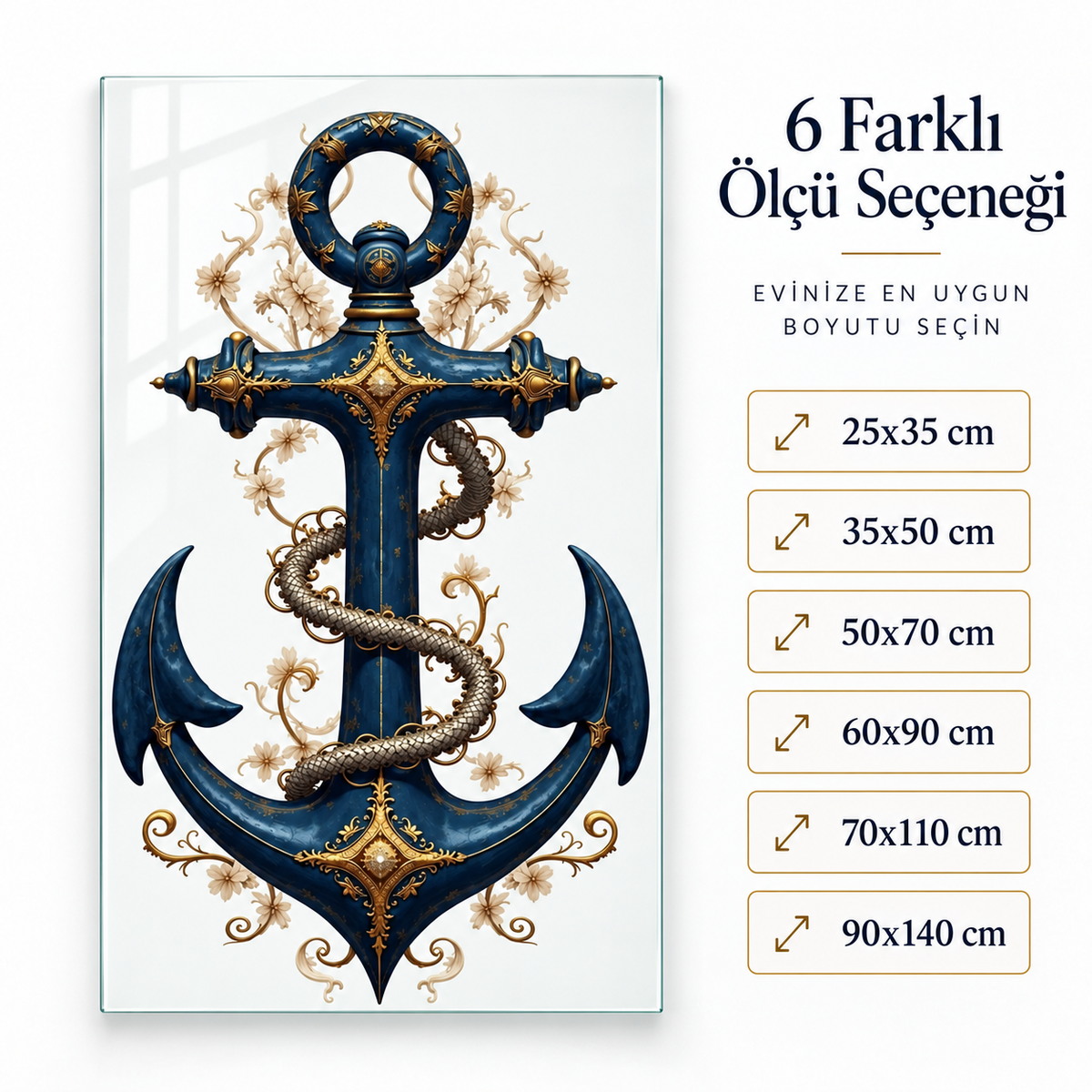 Lacivert gold barok çapa motifli dikey cam tablo ölçü seçenekleri görseli
