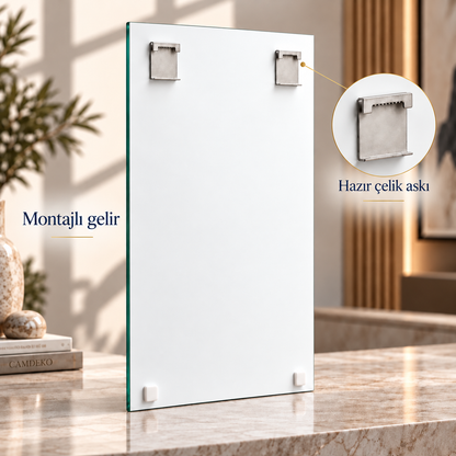 CAMDEKO dikey cam tablo beyaz arka yüzü, sağda ve solda iki montajlı standart çelik askı ve altta iki beyaz tampon
